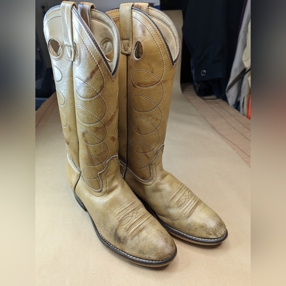 Acme Marble Biege Leather Buckaroo Cowboy Boots Men's Size 9D Style 4612 Made in - Picture 1 of 9